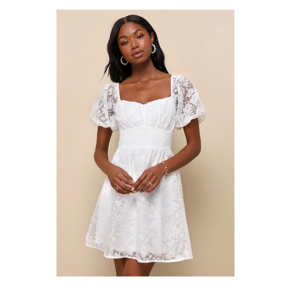 Lulus Sweetest Effect White Floral Burnout Puff Sleeve Mini Dress - Size S